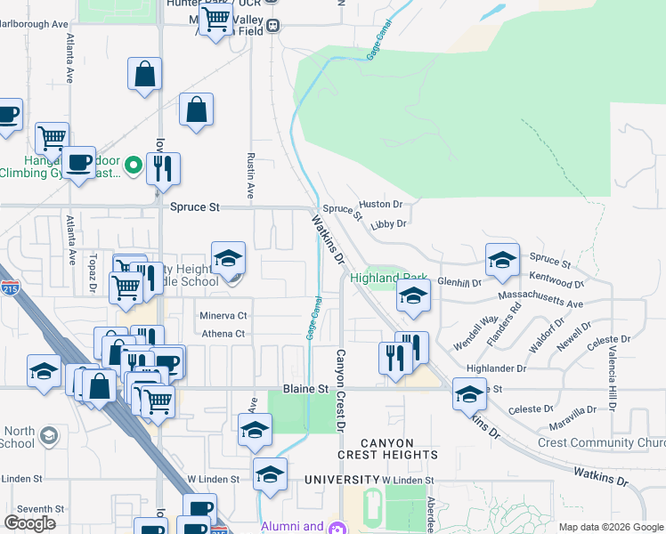 map of restaurants, bars, coffee shops, grocery stores, and more near 836 Kentwood Drive in Riverside