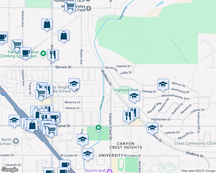 map of restaurants, bars, coffee shops, grocery stores, and more near 2891 Canyon Crest Drive in Riverside