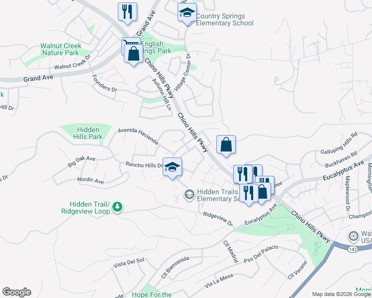 map of restaurants, bars, coffee shops, grocery stores, and more near 14610 Clearbrook Drive in Chino Hills