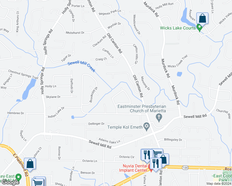 map of restaurants, bars, coffee shops, grocery stores, and more near 1519 Brookcliff Circle in Marietta
