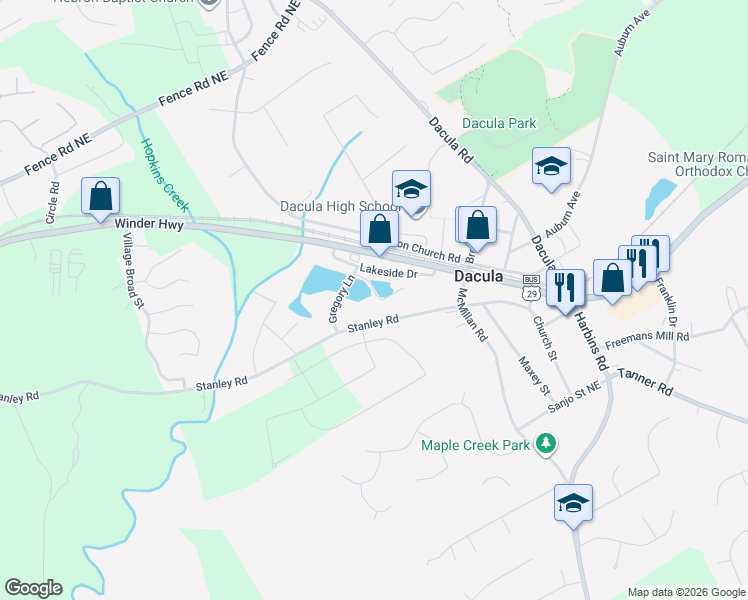 map of restaurants, bars, coffee shops, grocery stores, and more near 150 Gregory Lane in Dacula