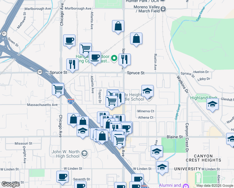 map of restaurants, bars, coffee shops, grocery stores, and more near 1317 Massachusetts Avenue in Riverside