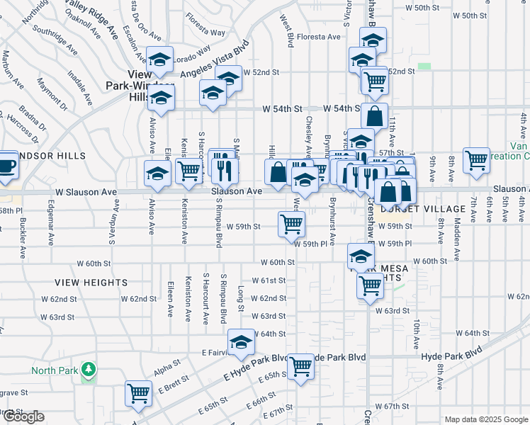 map of restaurants, bars, coffee shops, grocery stores, and more near 3654 West 58th Place in Los Angeles