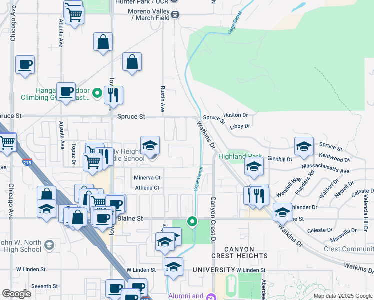 map of restaurants, bars, coffee shops, grocery stores, and more near 1005 Bascomb Drive in Riverside