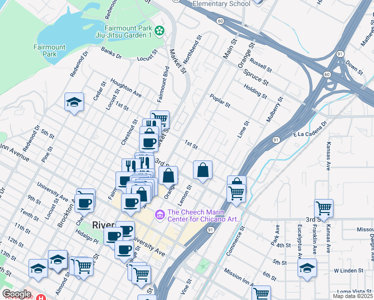map of restaurants, bars, coffee shops, grocery stores, and more near 3628 1st Street in Riverside