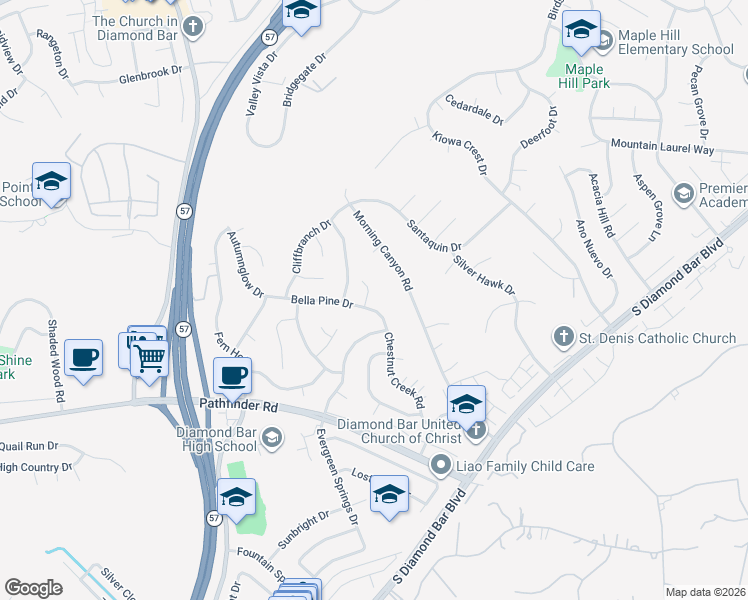 map of restaurants, bars, coffee shops, grocery stores, and more near 1826 Wellspring Drive in Diamond Bar