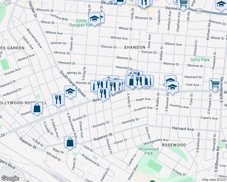 map of restaurants, bars, coffee shops, grocery stores, and more near 2803 Rosewood Drive in Columbia