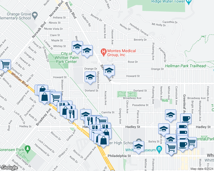 map of restaurants, bars, coffee shops, grocery stores, and more near 6008 Acacia Avenue in Whittier