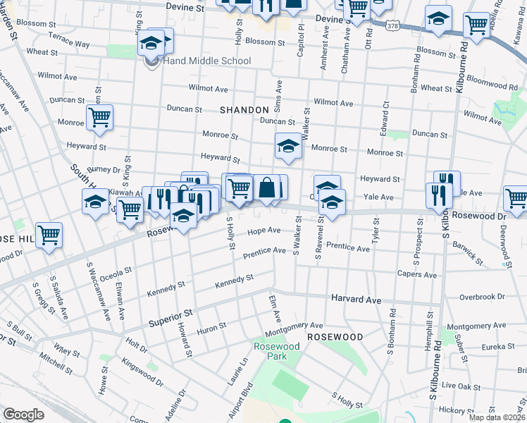 map of restaurants, bars, coffee shops, grocery stores, and more near 3021 Rosewood Drive in Columbia