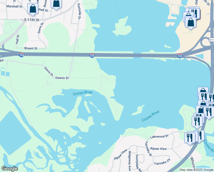 map of restaurants, bars, coffee shops, grocery stores, and more near 109 Waterford Place in Gadsden