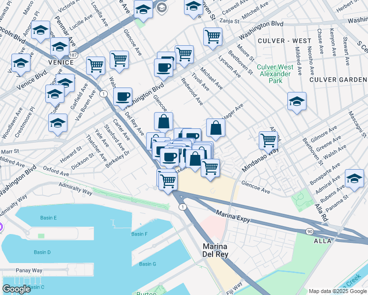 map of restaurants, bars, coffee shops, grocery stores, and more near 4215 Glencoe Avenue in Marina del Rey