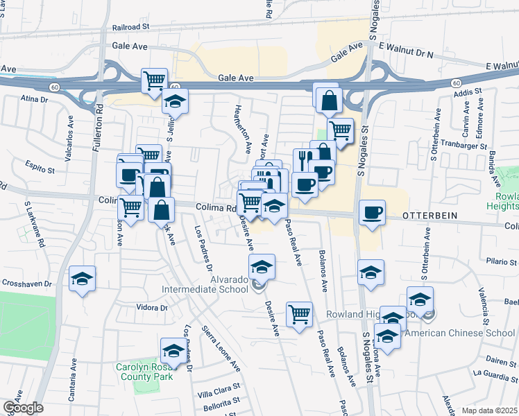 map of restaurants, bars, coffee shops, grocery stores, and more near Colima Road in Rowland Heights