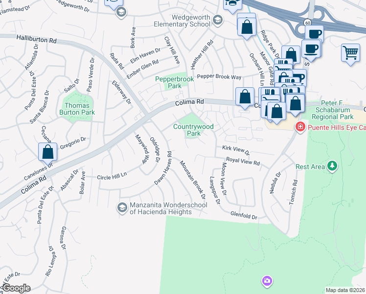 map of restaurants, bars, coffee shops, grocery stores, and more near 2015 Clear River Lane in Hacienda Heights