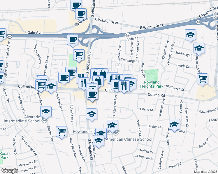 map of restaurants, bars, coffee shops, grocery stores, and more near 19119 Colima Road in Rowland Heights