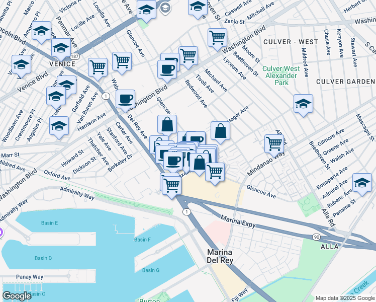 map of restaurants, bars, coffee shops, grocery stores, and more near 4215 Glencoe Avenue in Marina del Rey