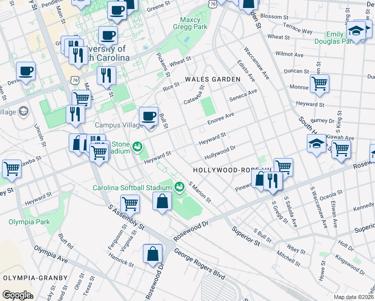 map of restaurants, bars, coffee shops, grocery stores, and more near in Columbia