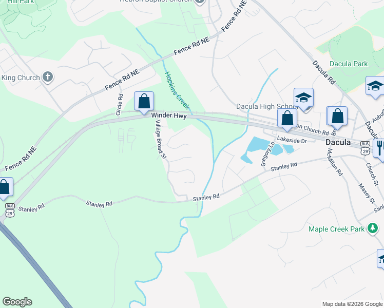 map of restaurants, bars, coffee shops, grocery stores, and more near 2419 Centenary Way Court in Dacula