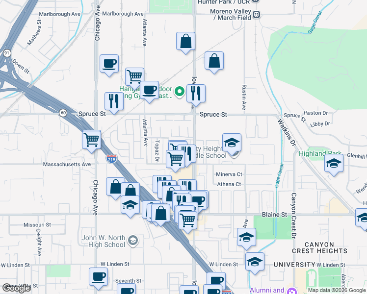 map of restaurants, bars, coffee shops, grocery stores, and more near 2671 Iowa Avenue in Riverside