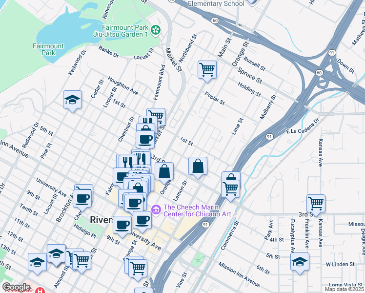 map of restaurants, bars, coffee shops, grocery stores, and more near 3628 1st Street in Riverside