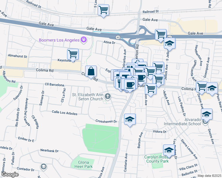map of restaurants, bars, coffee shops, grocery stores, and more near in Rowland Heights