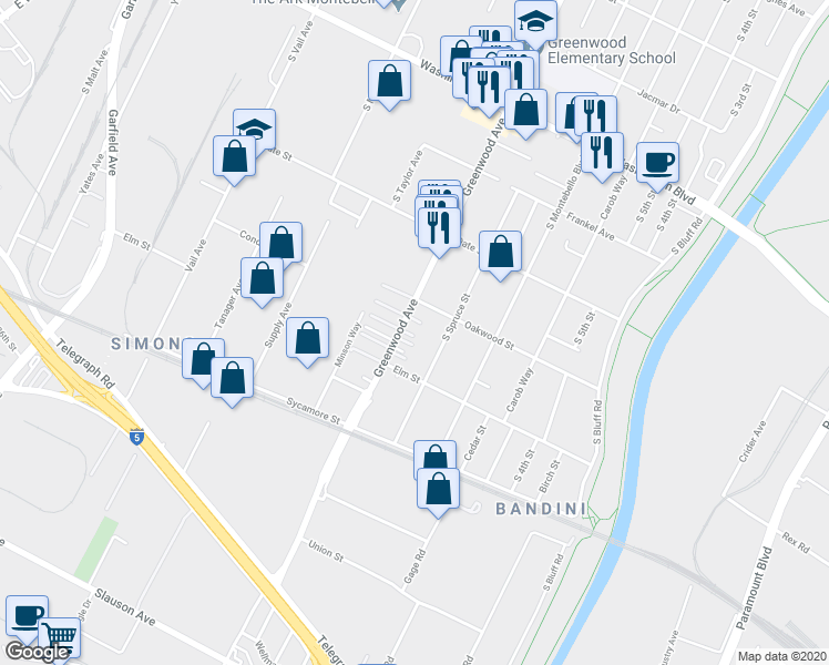 map of restaurants, bars, coffee shops, grocery stores, and more near 1321 Greenwood Avenue in Montebello