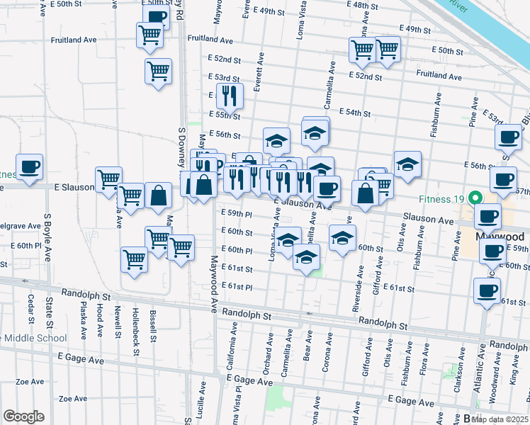 map of restaurants, bars, coffee shops, grocery stores, and more near 3624 Slauson Avenue in Maywood