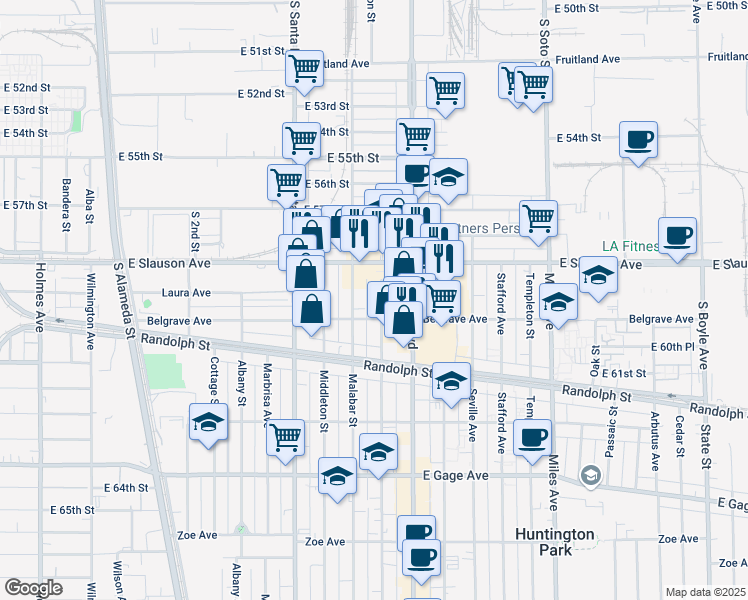 map of restaurants, bars, coffee shops, grocery stores, and more near 5931 Rugby Avenue in Huntington Park