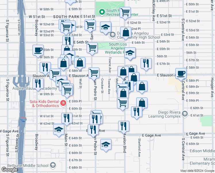 map of restaurants, bars, coffee shops, grocery stores, and more near 5850 Towne Avenue in Los Angeles