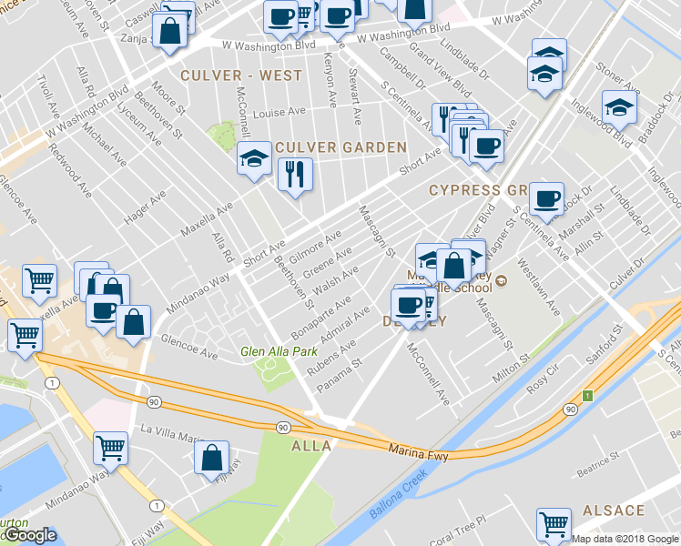 map of restaurants, bars, coffee shops, grocery stores, and more near 12722 Greene Avenue in Los Angeles