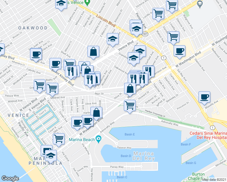 map of restaurants, bars, coffee shops, grocery stores, and more near 2500 Abbot Kinney Boulevard in Los Angeles