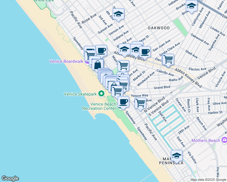 map of restaurants, bars, coffee shops, grocery stores, and more near 1305 Speedway in Los Angeles