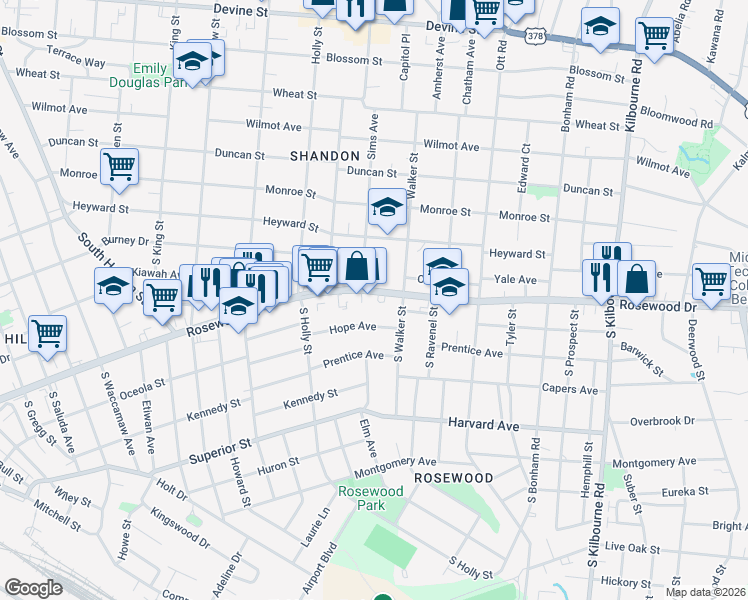 map of restaurants, bars, coffee shops, grocery stores, and more near 3119 Rosewood Drive in Columbia
