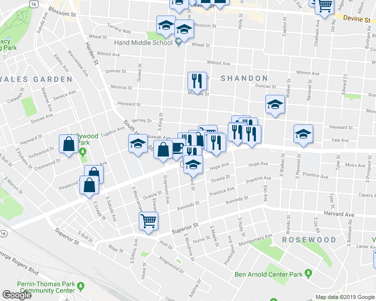 map of restaurants, bars, coffee shops, grocery stores, and more near 2714 Kiawah Avenue in Columbia