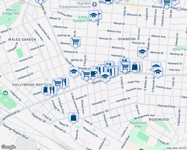 map of restaurants, bars, coffee shops, grocery stores, and more near 2714 Kiawah Avenue in Columbia