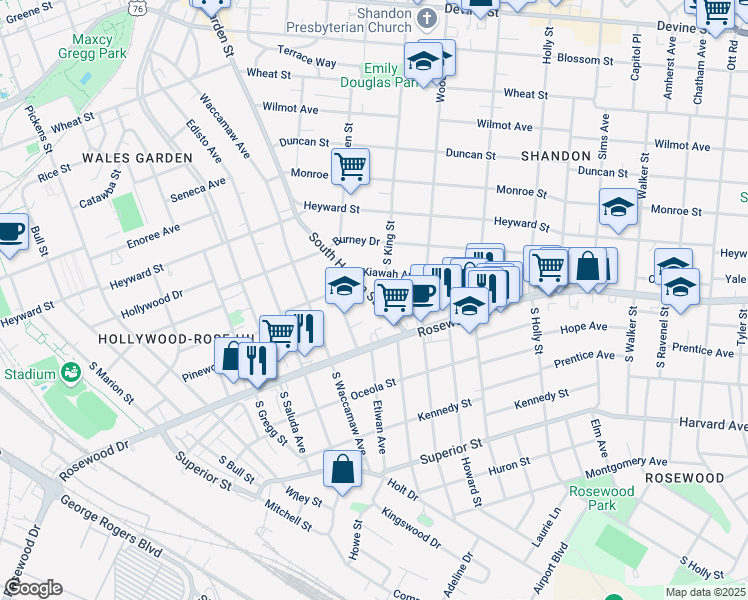 map of restaurants, bars, coffee shops, grocery stores, and more near 304 South Harden Street in Columbia