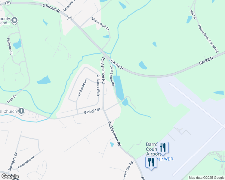 map of restaurants, bars, coffee shops, grocery stores, and more near 53 Twin Lakes Road in Winder