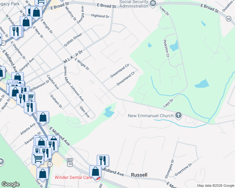 map of restaurants, bars, coffee shops, grocery stores, and more near 218 East Wright Street in Winder