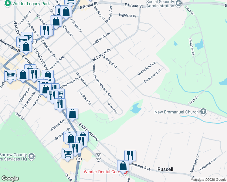 map of restaurants, bars, coffee shops, grocery stores, and more near 159 Wood Circle in Winder