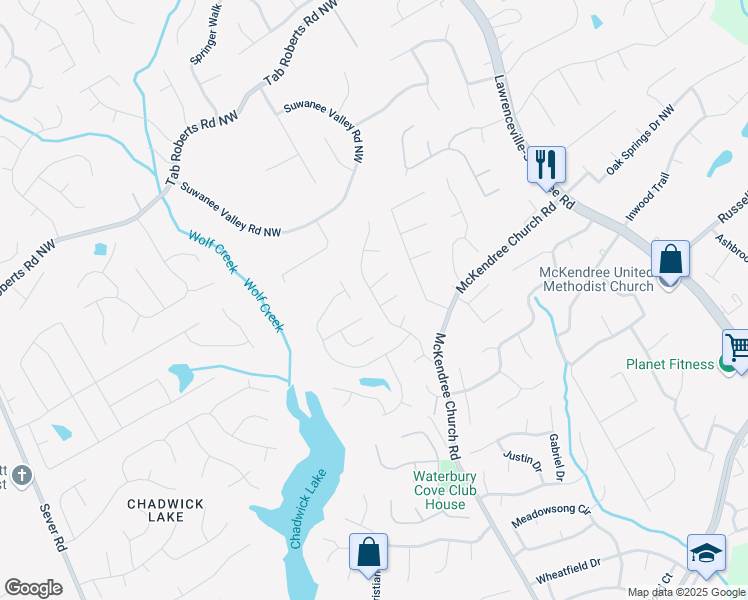 map of restaurants, bars, coffee shops, grocery stores, and more near Keswick Place Drive in Lawrenceville