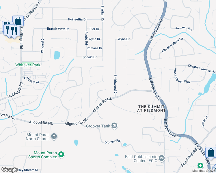map of restaurants, bars, coffee shops, grocery stores, and more near 1529 Monarch Drive in Marietta
