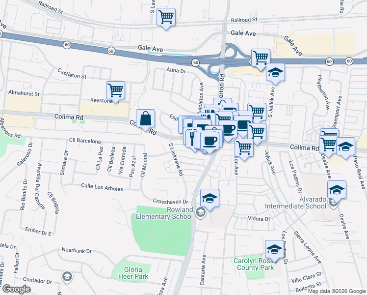 map of restaurants, bars, coffee shops, grocery stores, and more near in Rowland Heights