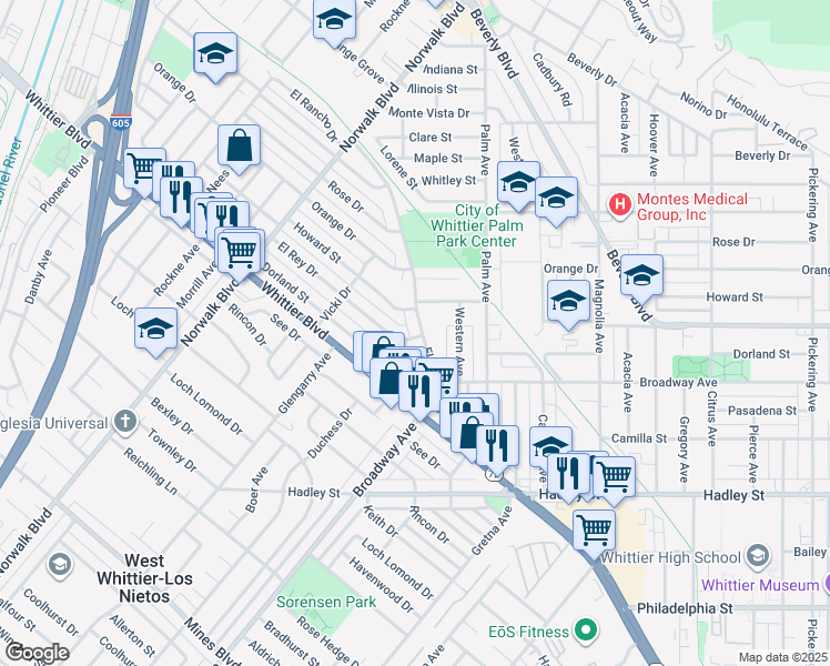 map of restaurants, bars, coffee shops, grocery stores, and more near 5911 El Rancho Drive in Whittier