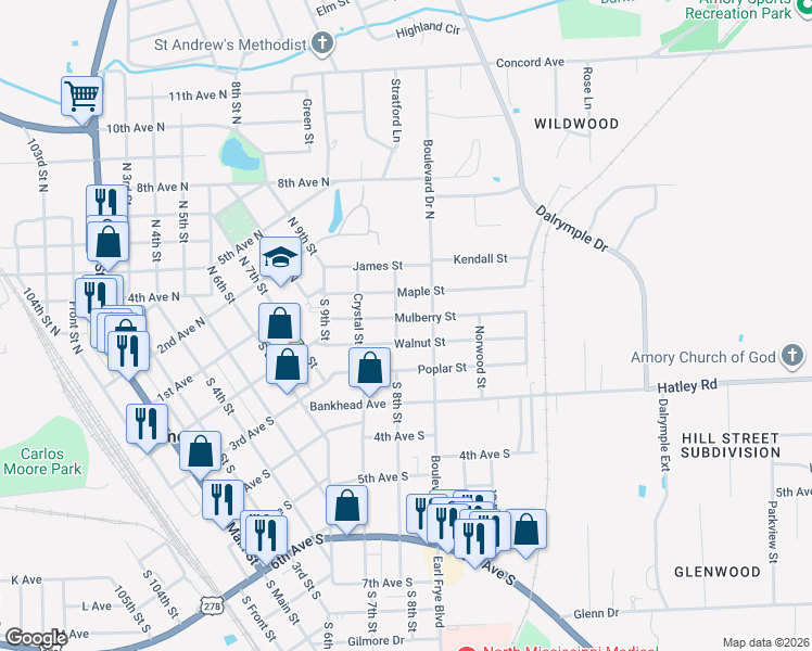 map of restaurants, bars, coffee shops, grocery stores, and more near 903 Mulberry Street in Amory