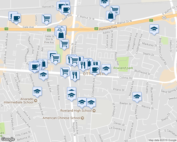 map of restaurants, bars, coffee shops, grocery stores, and more near 19119 Colima Road in Rowland Heights