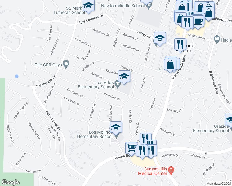 map of restaurants, bars, coffee shops, grocery stores, and more near 15572 Los Altos Drive in Hacienda Heights