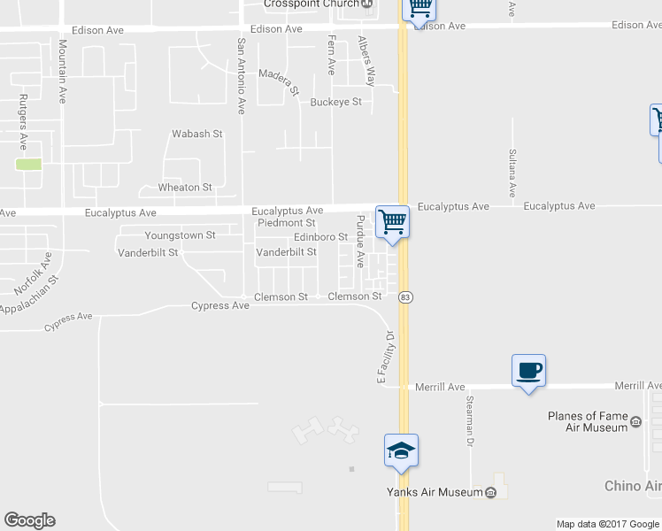 map of restaurants, bars, coffee shops, grocery stores, and more near 14576 Manchester Avenue in Chino