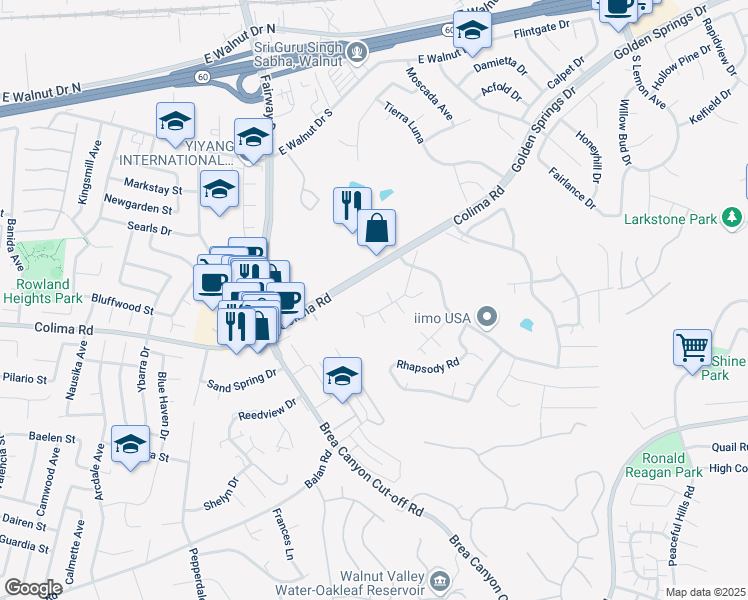 map of restaurants, bars, coffee shops, grocery stores, and more near 20043 Emerald Meadow Drive in Walnut