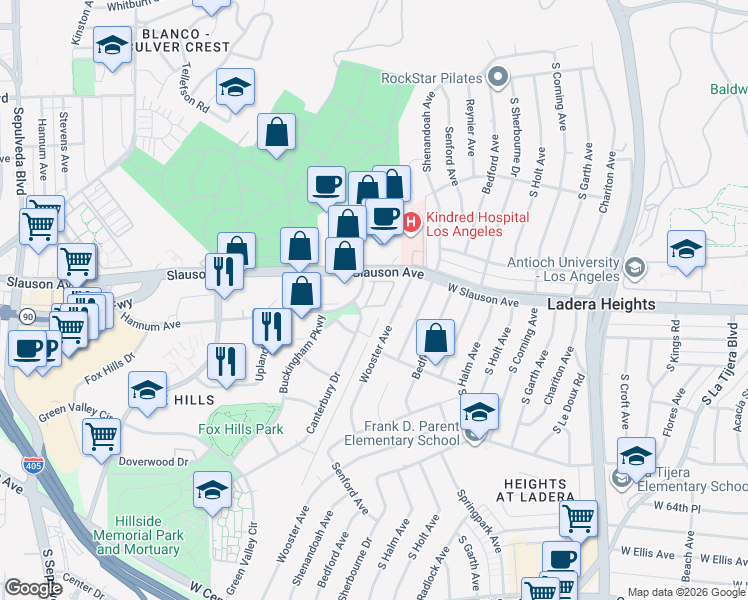 map of restaurants, bars, coffee shops, grocery stores, and more near 5729 Canterbury Drive in Culver City