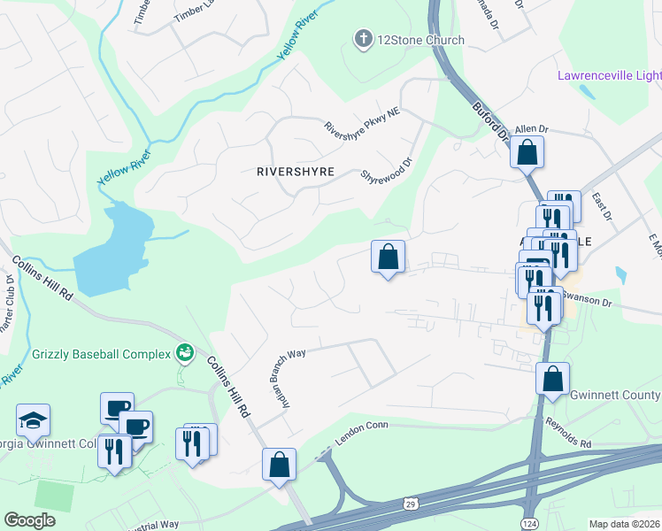 map of restaurants, bars, coffee shops, grocery stores, and more near 340 Victoria Station Boulevard Northeast in Lawrenceville