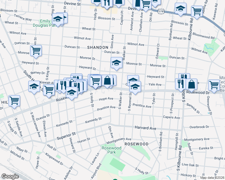 map of restaurants, bars, coffee shops, grocery stores, and more near 3119 Rosewood Drive in Columbia